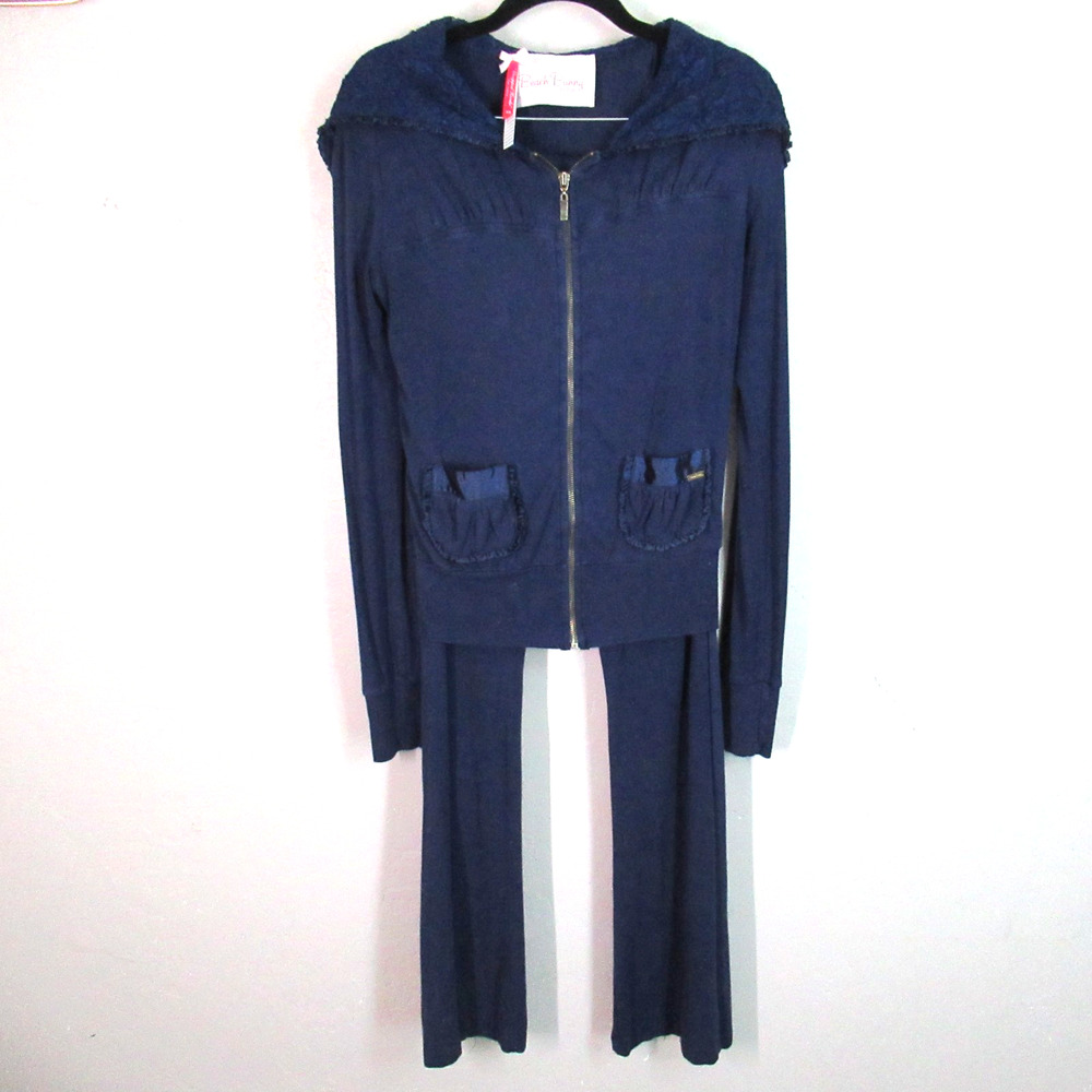 Vtg Beach Bunny Rocky Unzip Hoodie XS Booty Pant S Set Green Flair Lace Tie Y2K